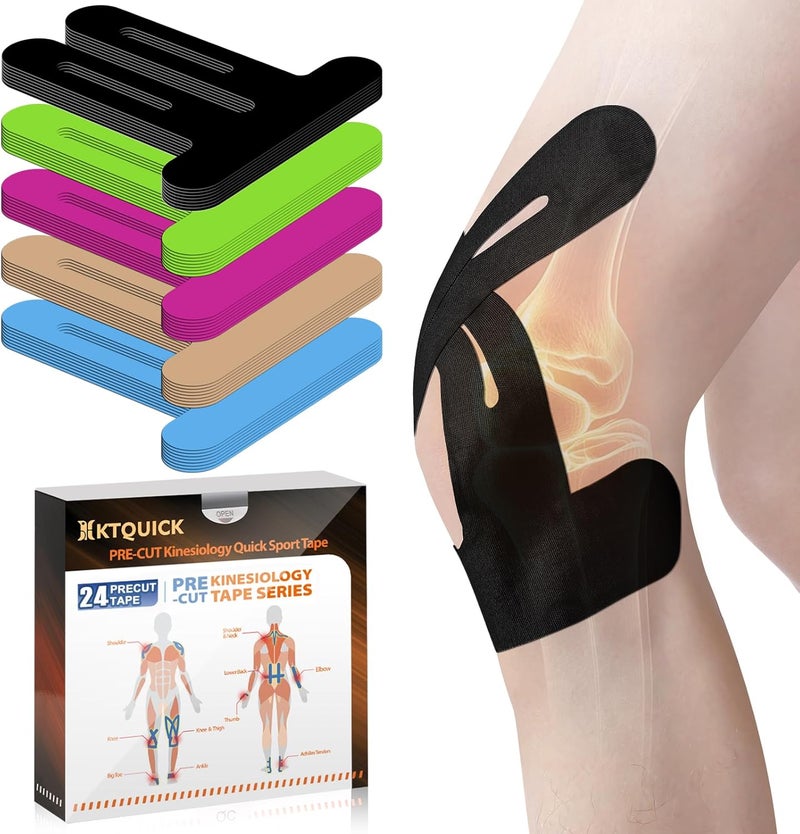 KTQUICK Store PreCut Kinesiology Tape for Knees, 24 PCS Waterproof Knee Tape for Knee Pain Relief Pre Cut, Original Cotton Athletic Knee Tape, Waterproof & Hypoallergenic Latex-Free for Sports (Black) - Image 1